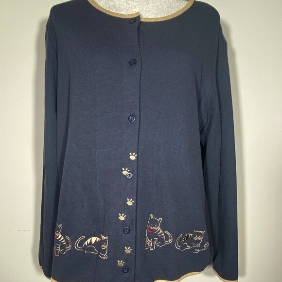 Ms Lee Navy Cardigan with Cat accents Size Petite Large - Picture 1 of 6